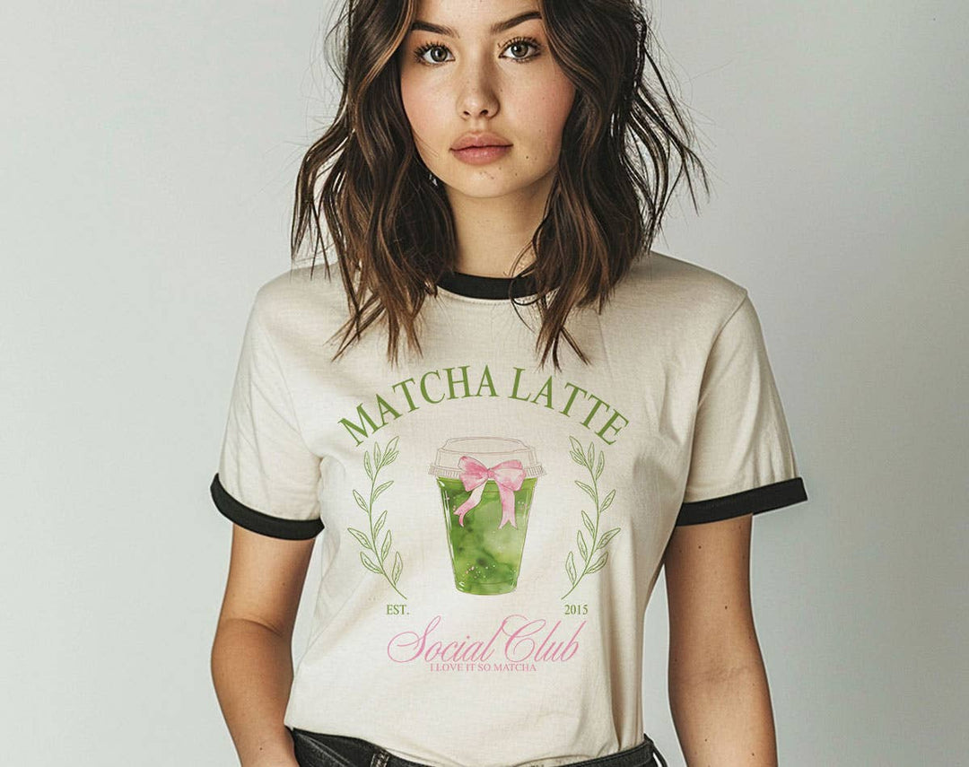"Matcha Latte Social Club" design on a natural ringer t-shirt with black contrast trim