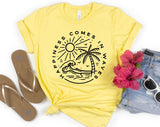"Happiness Comes In Waves" design on a pale yellow unisex t-shirt