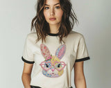 Easter Bunny Heart Glasses Patchwork Ringer T-Shirt, Retro Contrast Trim Tee