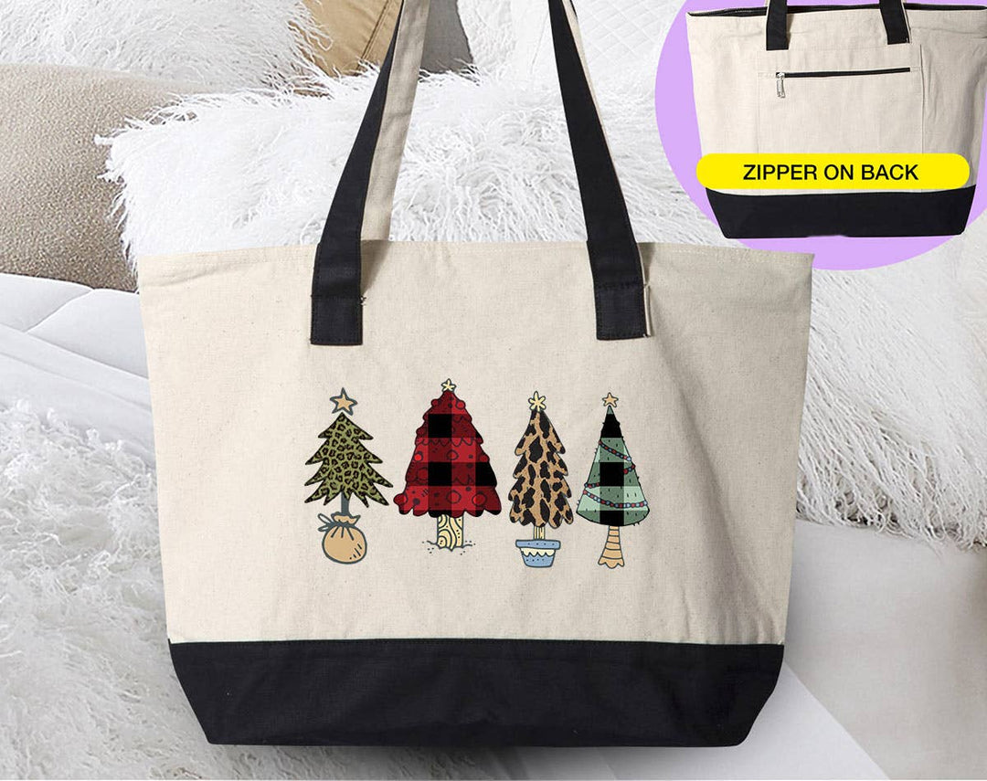 "Christmas Tree Plaid" design on a natural canvas zippered tote bag