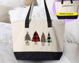 "Christmas Tree Plaid" design on a natural canvas zippered tote bag