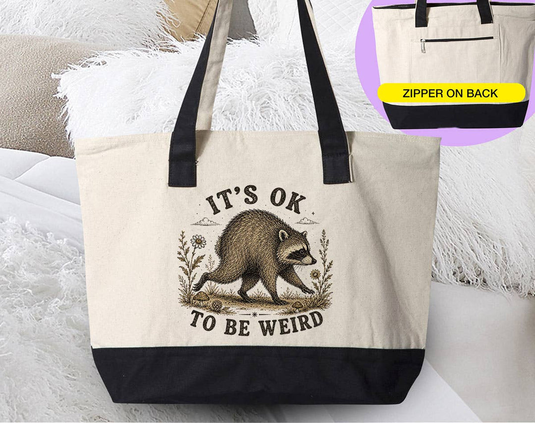 "It's Okay To Be Weird Jimothy" design on a natural canvas zippered tote bag