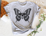 "Skull Butterfly Gothic Moth" design on a heather gray unisex t-shirt