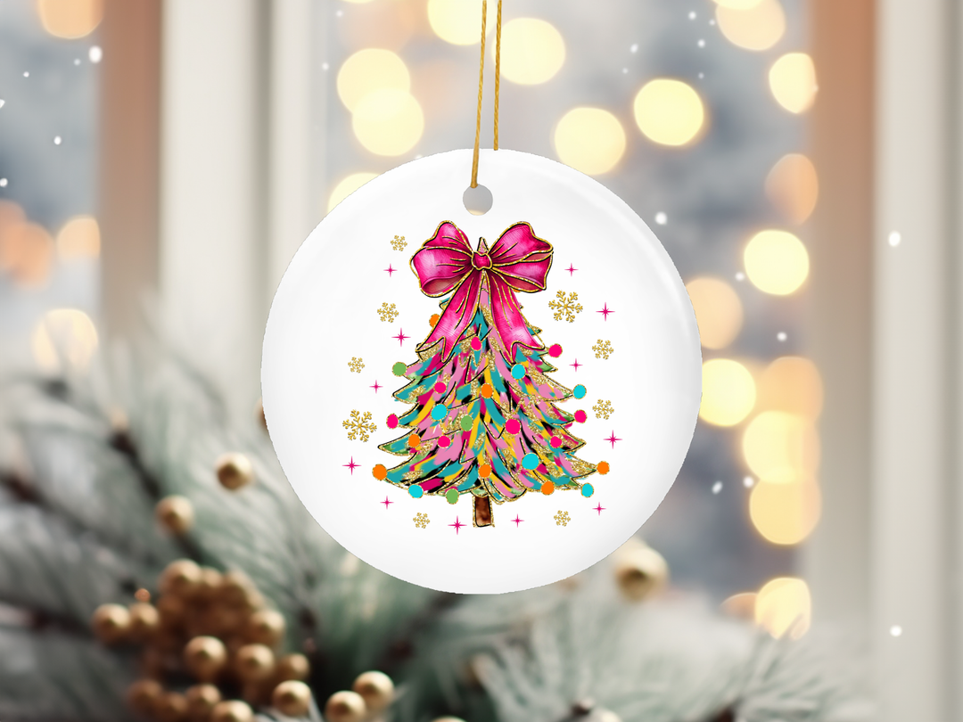 "Coquette Christmas Tree Pink Bow" design on a 2.5 inch round ceramic Christmas ornament
