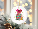 Coquette Christmas Tree Pink Bow Christmas Ornament, 2.5 Inch Round Ceramic