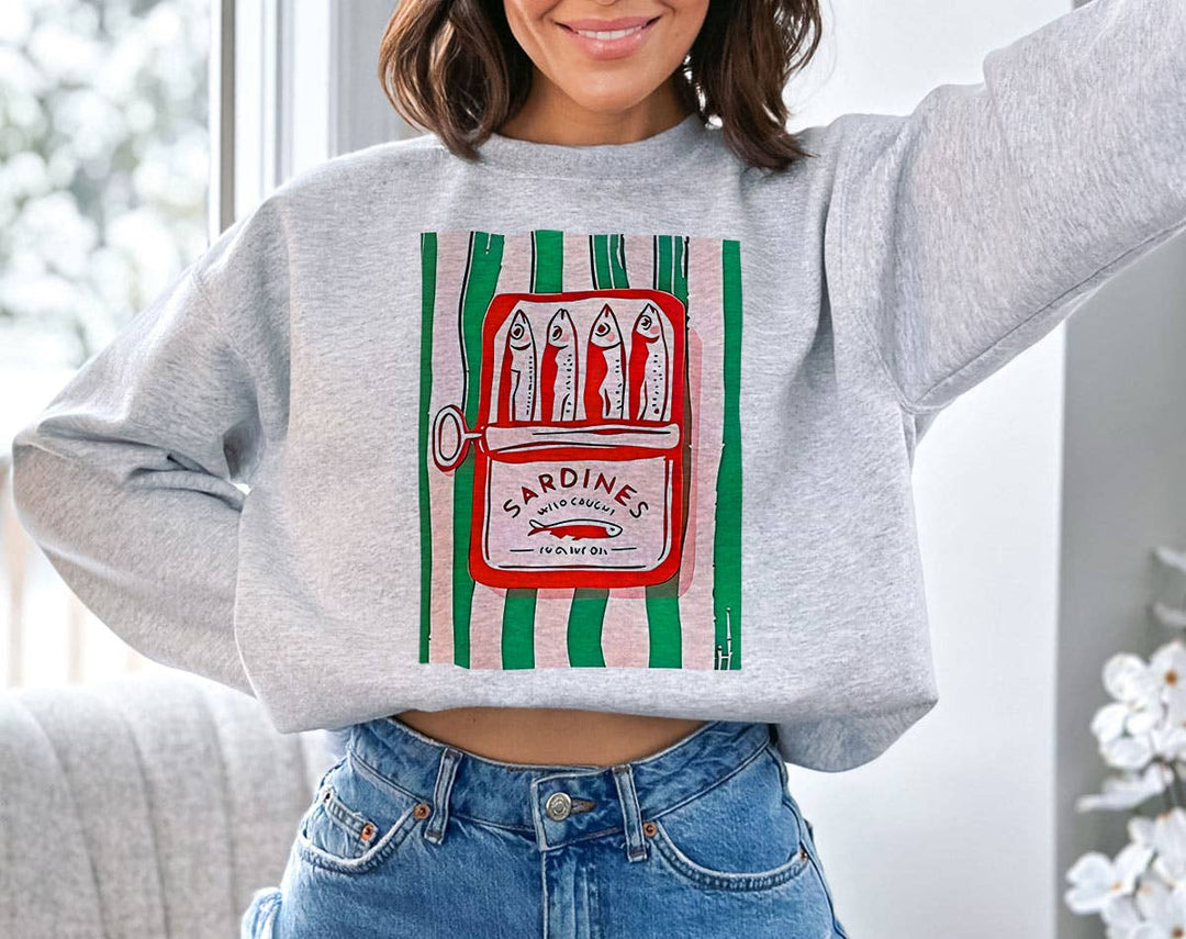 "Sardines Tinned Fish" design on an ash gray unisex crewneck sweatshirt