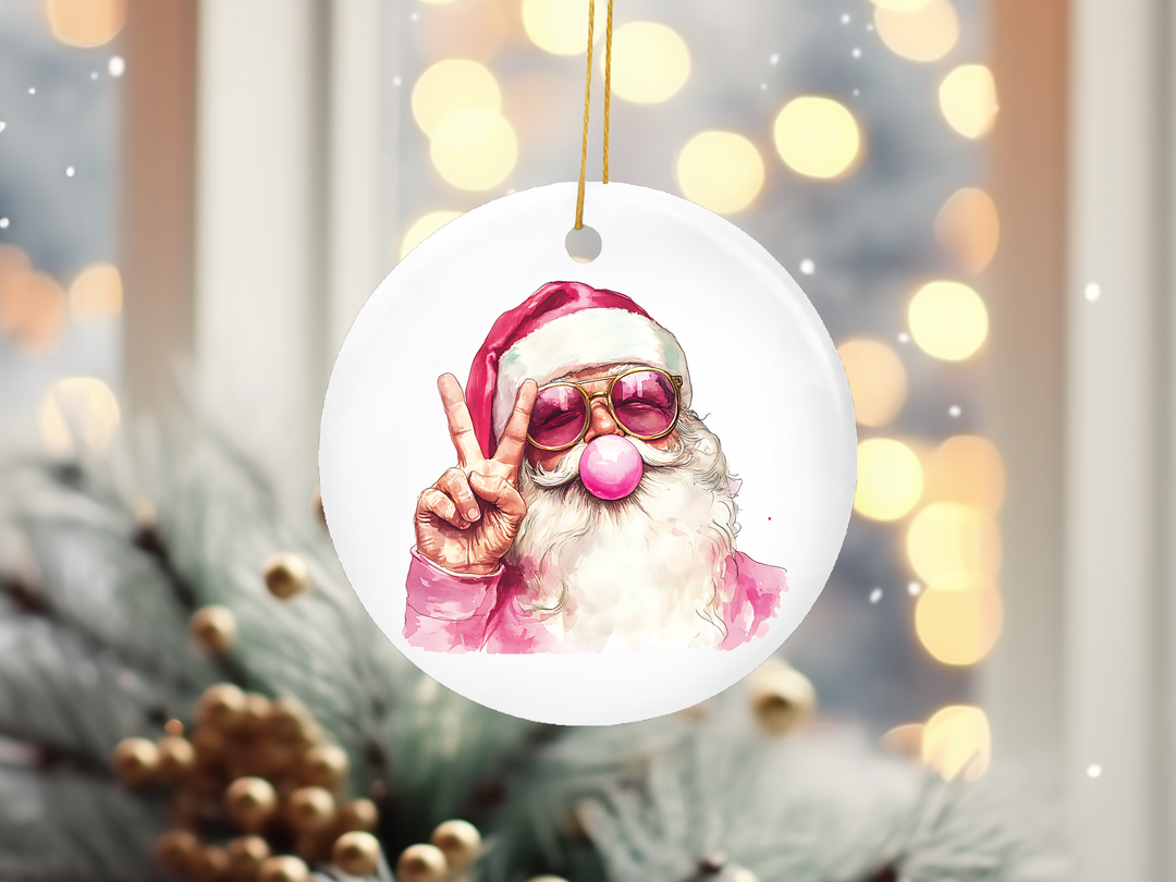 "Santa Bubblegum Peace Sunglasses" design on a 2.5 inch round ceramic Christmas ornament