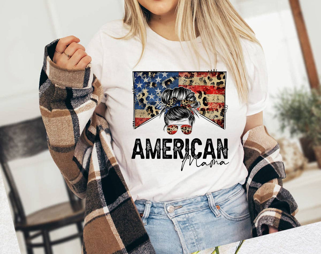 "American Mama Leopard Print" design on a white unisex t-shirt
