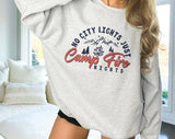 "No City Lights Just Campfire Nights" design on an ash gray unisex crewneck sweatshirt