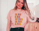 "She Her He Him Pronouns" design on a peach unisex t-shirt
