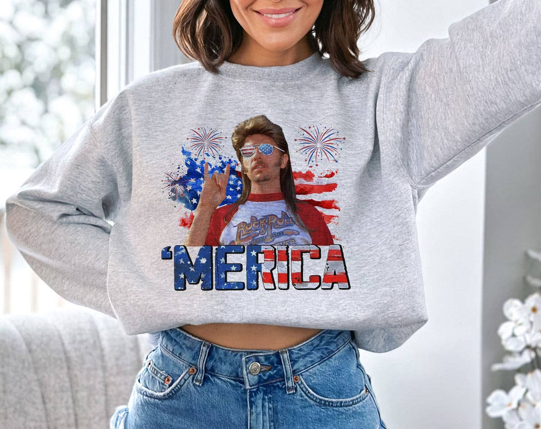 "Merica July 4th" design on an ash gray unisex crewneck sweatshirt