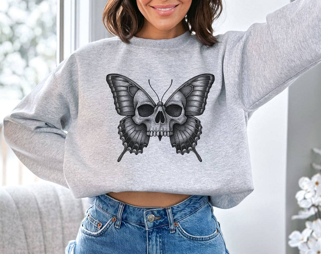 "Skull Butterfly Gothic Horror Art Moth" design on an ash gray unisex crewneck sweatshirt