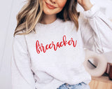 "Firecracker" design on an ash gray unisex crewneck sweatshirt