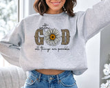 "God Sunflower" design on an ash gray unisex crewneck sweatshirt