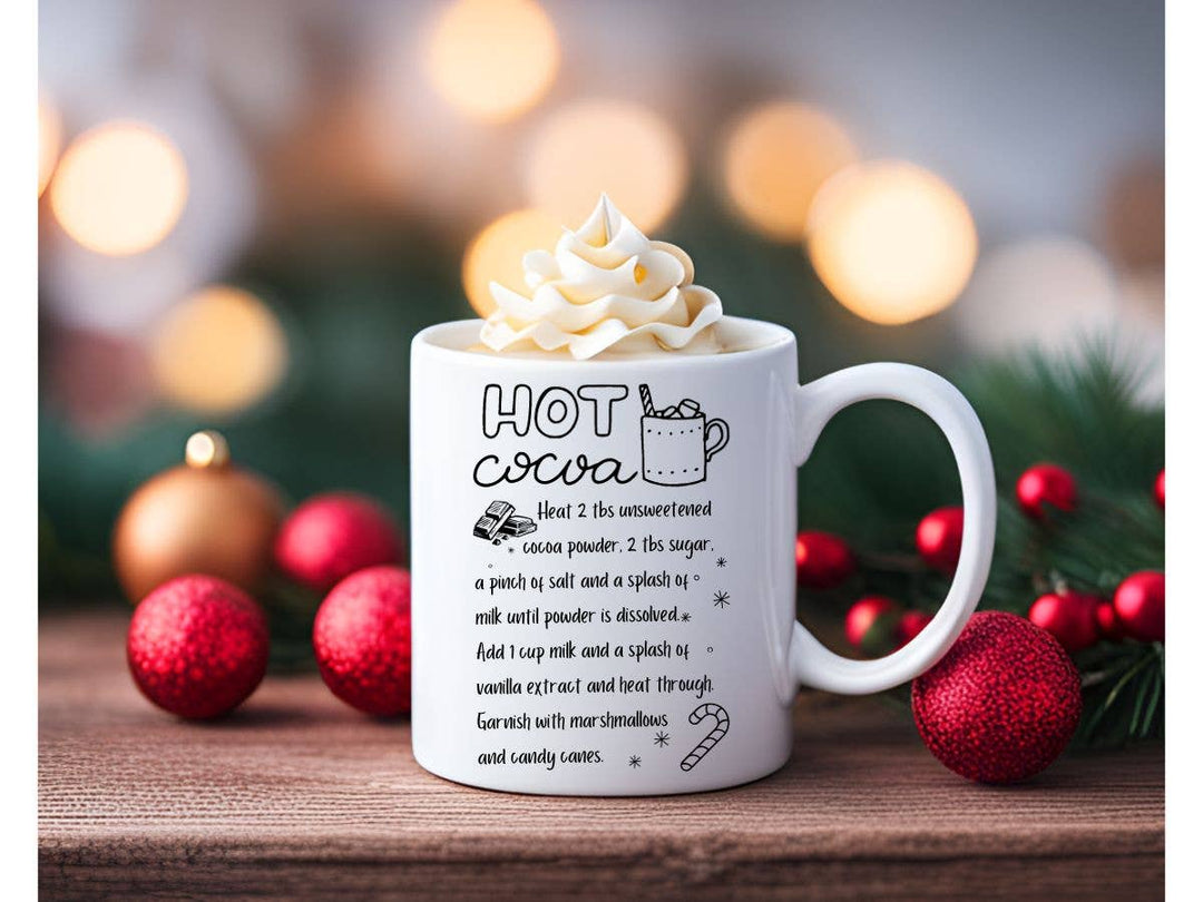 "Hot Cocoa" Christmas design on a white coffee mug