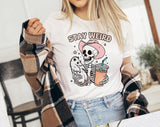 "Stay Weird Raccoon" design on a white unisex t-shirt
