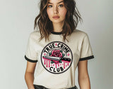 "True Crime Club Rose" design on a natural ringer t-shirt with black contrast trim