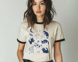 "Cats Floating In Space" design on a natural ringer t-shirt with black contrast trim