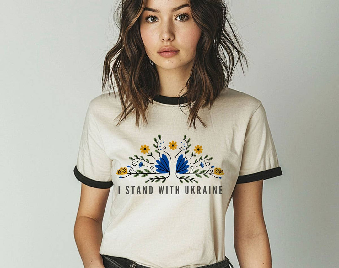 "I Stand With Ukraine" design on a natural ringer t-shirt with black contrast trim