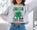 "Just A Little Pinch" design on an ash gray unisex crewneck sweatshirt