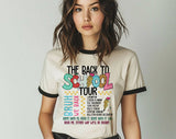 "The Back To School Tour" design on a natural ringer t-shirt with black contrast trim
