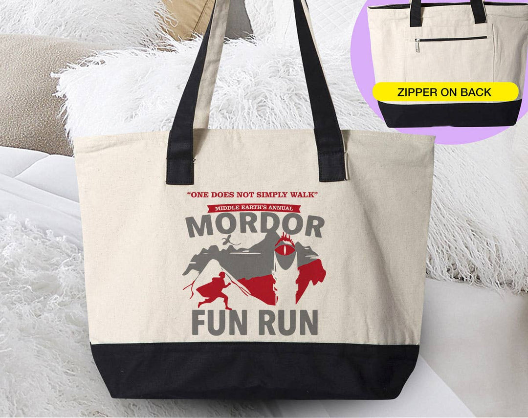 "Mordor Fun Run" design on a natural canvas zippered tote bag
