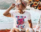 "America Vibes" design on a white unisex t-shirt