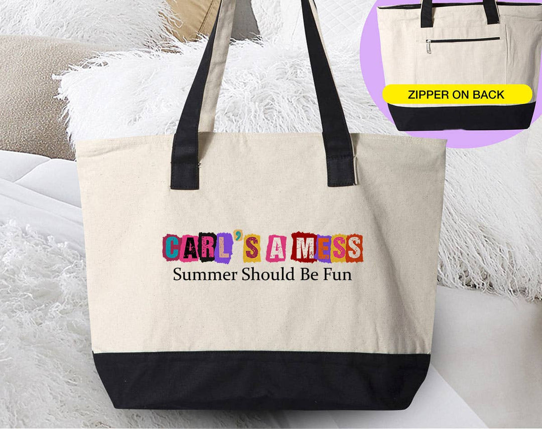 "Carl's A Mess Summer House Inspired Reality TV" design on a natural canvas zippered tote bag