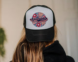"American Swirl Flower" design on a mesh-back snapback trucker hat