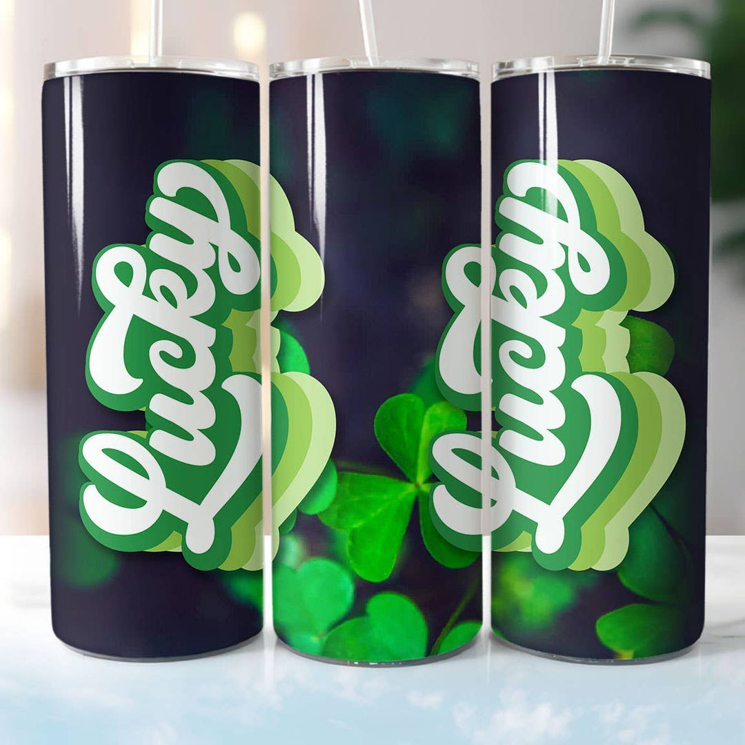 "Lucky Retro" design on a 20 oz skinny tumbler with lid and straw