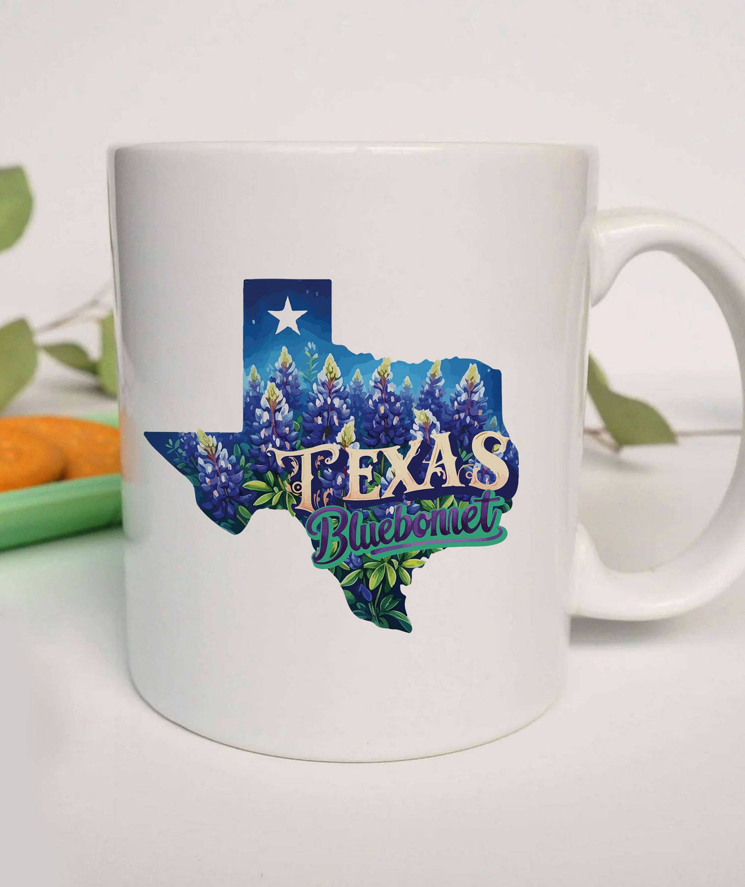 "Texas State Flower Bluebonnet" design on a white ceramic coffee mug