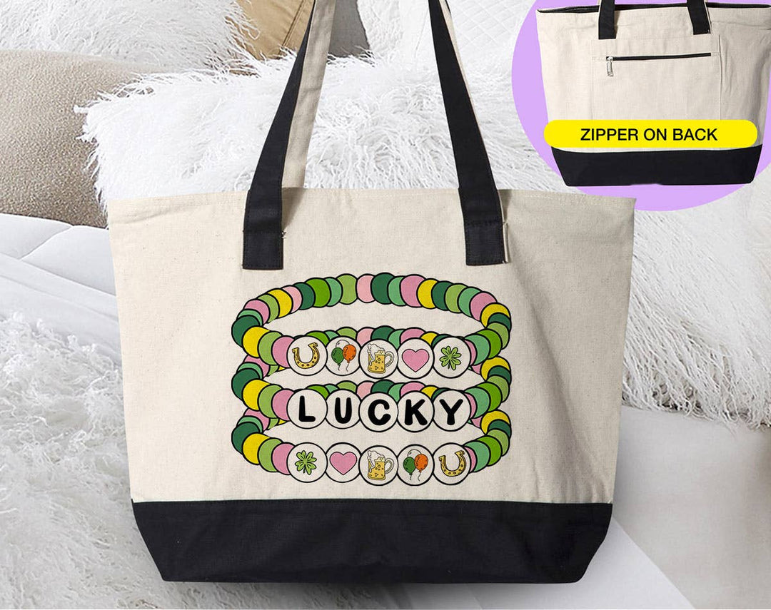 "Lucky Friendship Bracelet" design on a natural canvas zippered tote bag