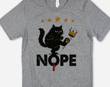 "Nope No Kings Black Cat" design on a heather gray unisex t-shirt