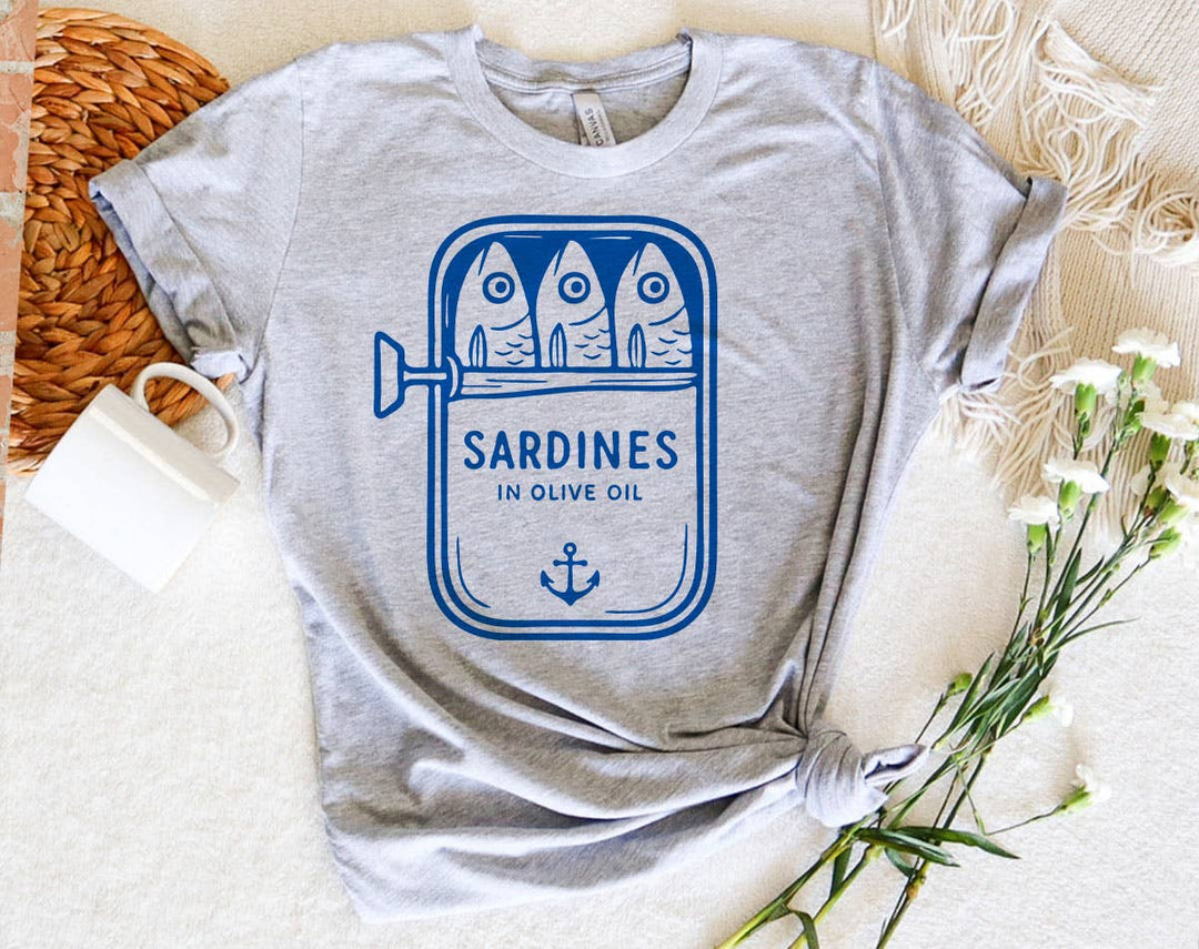 "Sardines Blue Tin" design on a heather gray unisex t-shirt