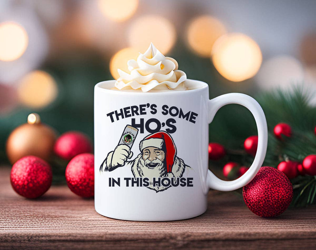 "Ho's In This House" Christmas design on a white coffee mug
