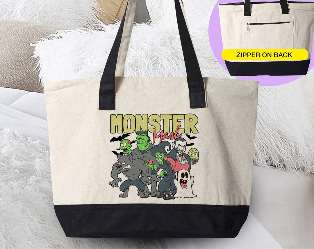 "Monster Mash" design on a natural canvas zippered tote bag