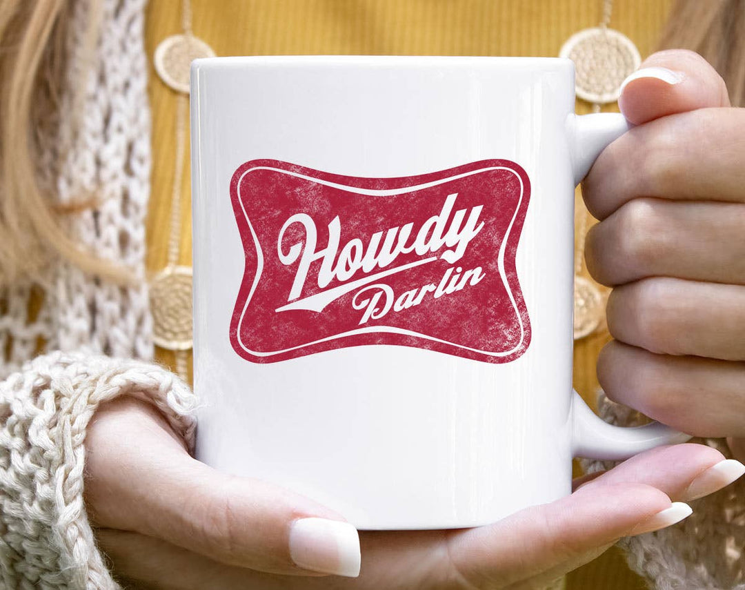 "Howdy Darlin" design on a white ceramic coffee mug