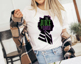 "The Juice Is Loose" design on a white unisex t-shirt