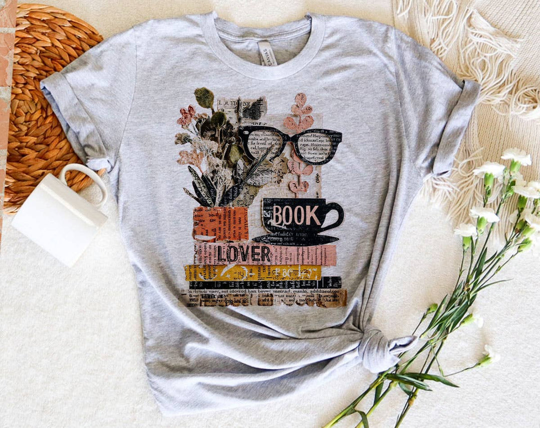 "Book Lover Collage Glasses" design on a heather gray unisex t-shirt