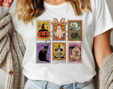 "Halloween Stamps Retro Pumpkin" design on a white unisex t-shirt