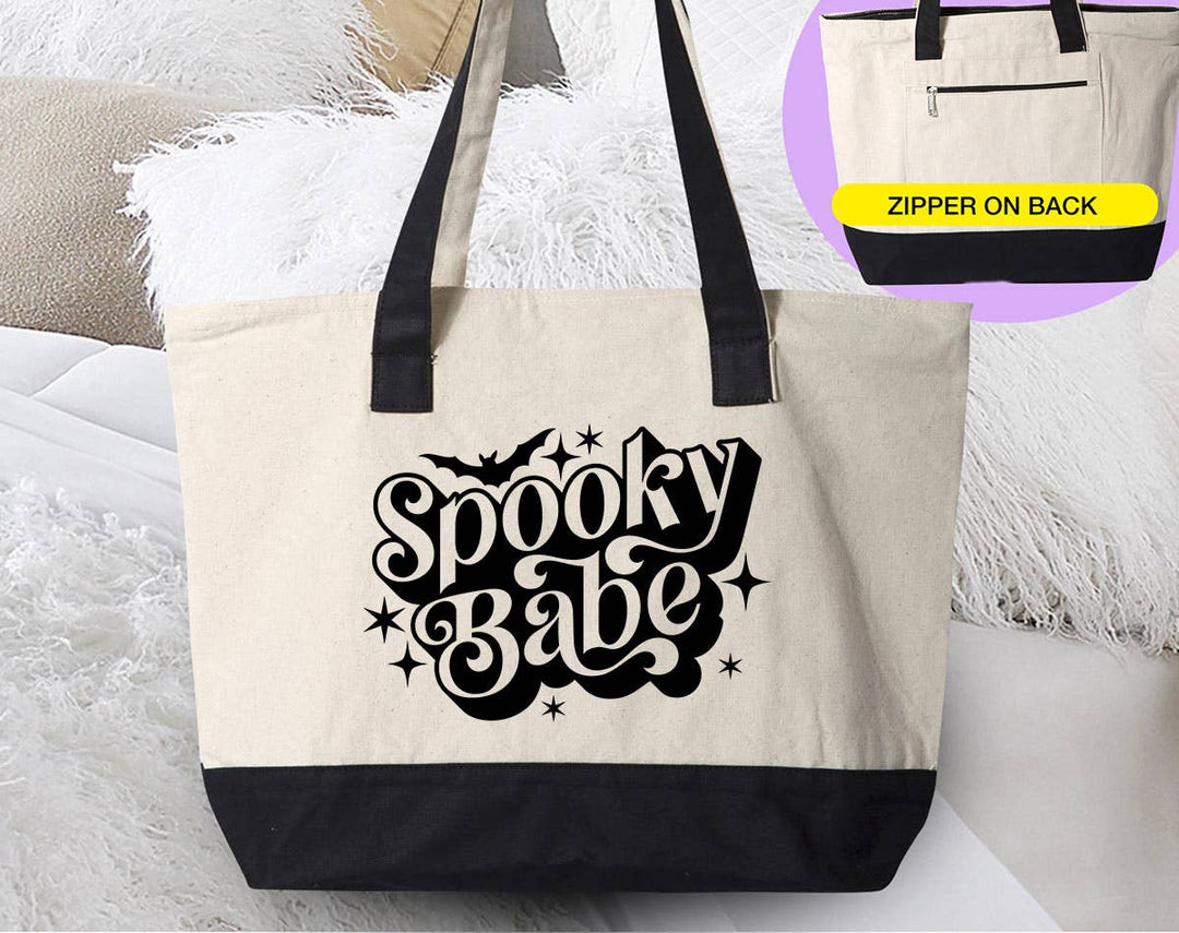 "Spooky Babe" design on a natural canvas zippered tote bag