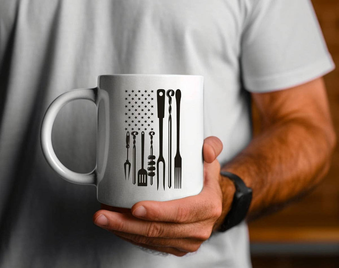 "BBQ Flag" design on a white ceramic coffee mug