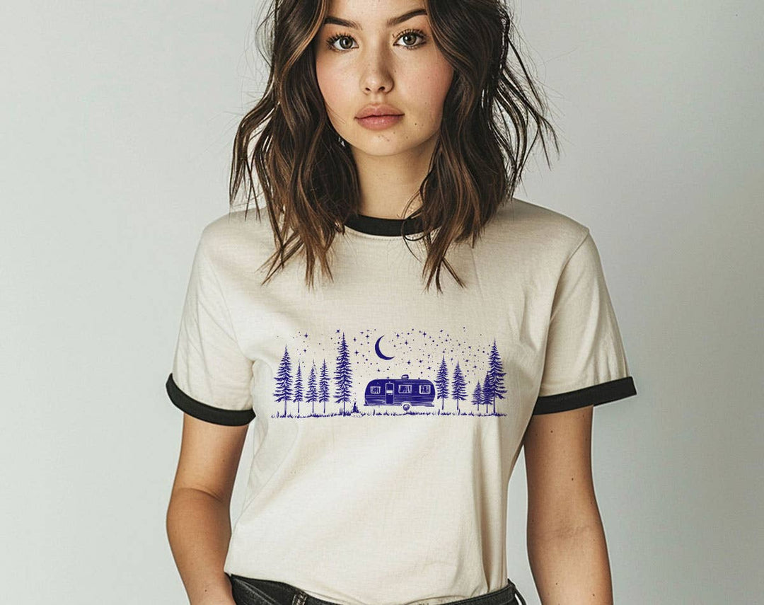 "Camping Life Under The Stars" design on a natural ringer t-shirt with black contrast trim
