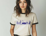 "Camping Life Under The Stars" design on a natural ringer t-shirt with black contrast trim