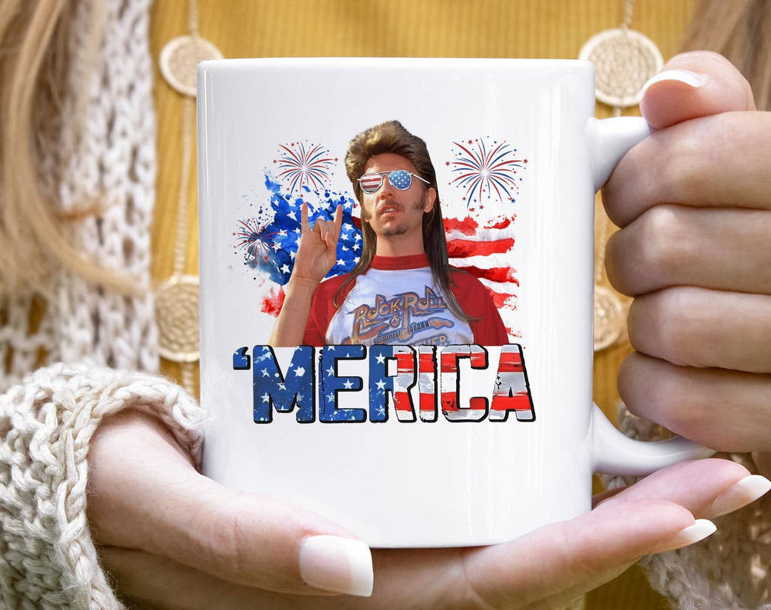 "Merica July 4th" design on a white ceramic coffee mug