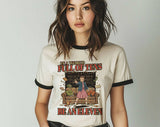 "Stranger Things In A World Full Of Tens" design on a natural ringer t-shirt with black contrast trim