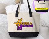 "Having A Meltdown Funny Hannah Montana" design on a natural canvas zippered tote bag