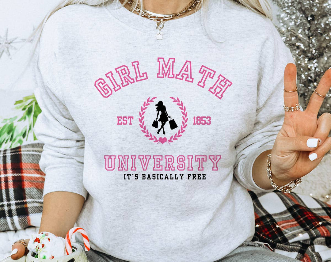 "Girl Math University" design on an ash gray unisex crewneck sweatshirt