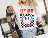"Summer Babe Smiley" design on a white unisex t-shirt