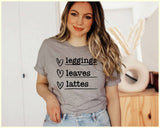"Leggings Leaves Lattes" design on a heather gray unisex t-shirt